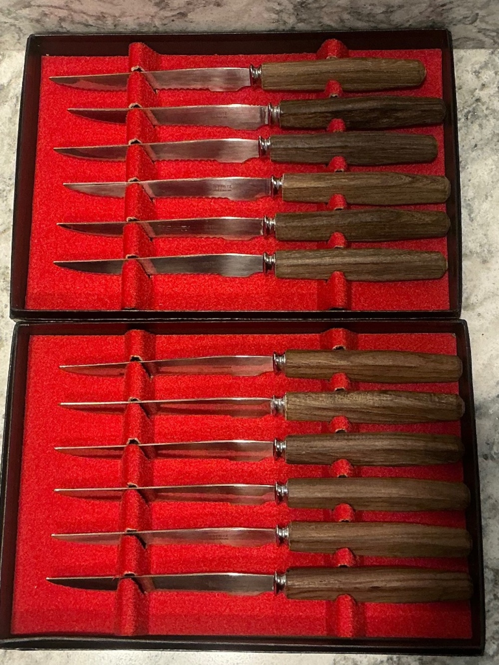2 Vintage Boxes Hoffritz set of 6 wooden handle serrated steak knives 12 total - Picture 4 of 5